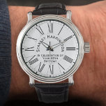 60th Birthday Armbanduhr<br><div class="desc">Stilvolle Uhr mit Einschreibung zum 60. Geburtstag. Der Empfänger ist 60 Jahre alt. Enthält den Namen der Person, die Geburtstag hat. Schwarzer Text auf einer weißen Armbanduhr.</div>