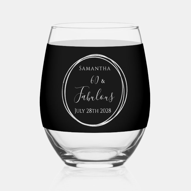 60th Birthday Black Silver Personalized Party Weinglas Ohne Stiel (Vorderseite)