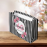 60th birthday black stripes pink roses name große geschenktüte<br><div class="desc">Classic slim black and white vertical stripes as background. With girly, feminine and romantic pink roses as decoration. Perfect for an elegant 60th birthday party for her. A white and black frame with templates for name, age and a date. Age number 60 in pink, name and date in black. The...</div>