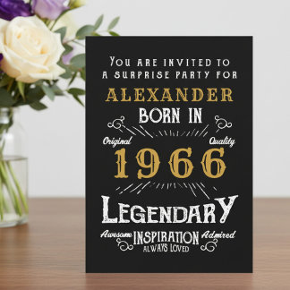 60th Birthday Born 1966 Black Gold Retro Vintage Einladung