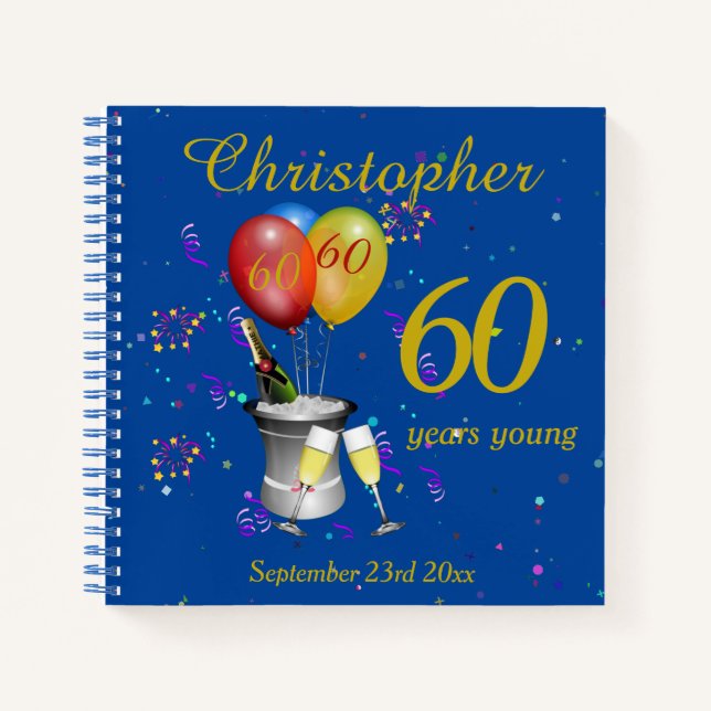 60th Birthday Celebration Blue Party Guest Notizbuch (Vorderseite)