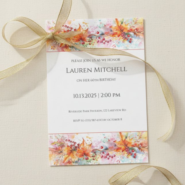 60th Birthday Fall Leaves and Gold Celebration Einladung (Elegant autumn leaves 60th birthday invitation design)