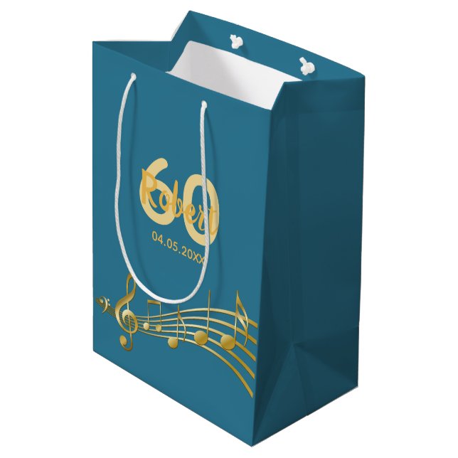 60th Birthday gold music notes teal blue green Mittlere Geschenktüte (Rückseite Schrägansicht)