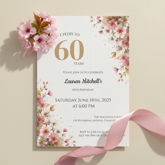 60th Birthday Invitation Elegant Gold Floral Style Einladung (Elegant gold floral watercolor 60th birthday invitation design)