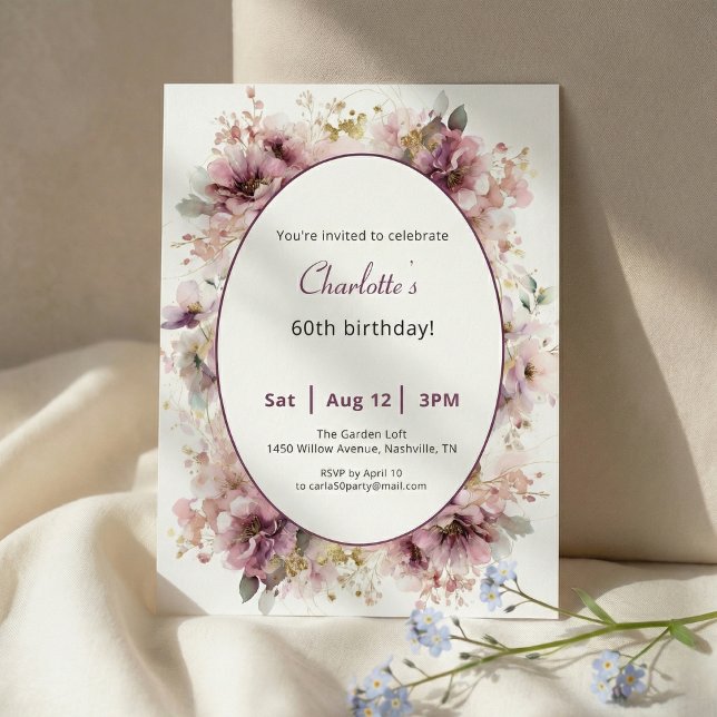 60th Birthday Invitation Purple Floral Watercolor (Créateur téléchargé)