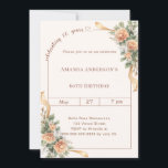 60th birthday ivory cream florals ribbon einladung<br><div class="desc">Celebrate a milestone in style with this elegant 60th birthday invitation in soft ivory, cream. Designed for a sophisticated and memorable celebration, this invitation features a clean, modern layout with a delicate script detail and subtle heart accent for a feminine and timeless touch. Peach colored flowers with gold ribbons Perfect...</div>