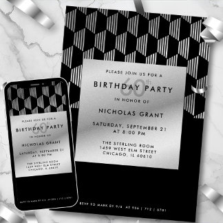 60th Birthday Modern Black Faux Silver Foil Einladung