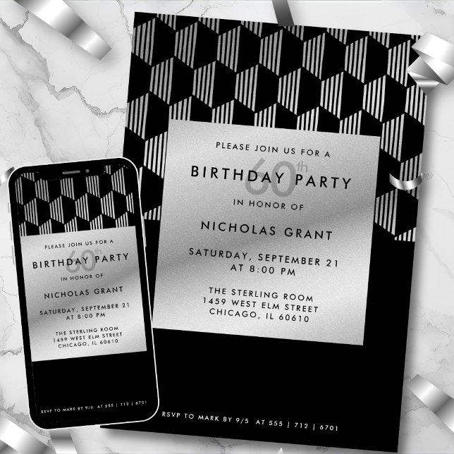 60th Birthday Modern Black Faux Silver Foil Einladung (Von Creator hochgeladen)