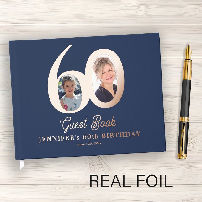 60th Birthday modern elegant photo blue rose gold Gästebuch (Von Creator hochgeladen)