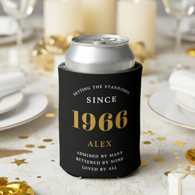 60th Birthday Name 1966 Black Gold Elegant Chic Dosenkühler (1966 can cooler on a white background.)