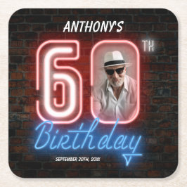 60th Birthday Neon 80s Retro Modern Custom Photo Rechteckiger Pappuntersetzer