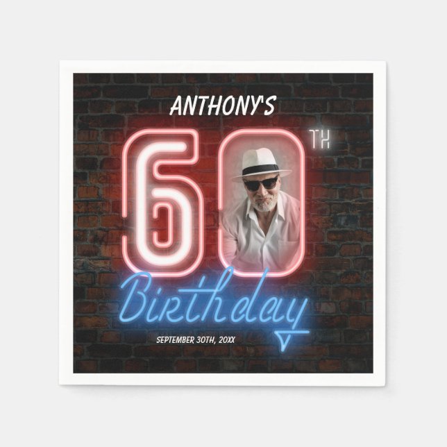 60th Birthday Neon 80s Retro Modern Custom Photo Serviette (Vorderseite)