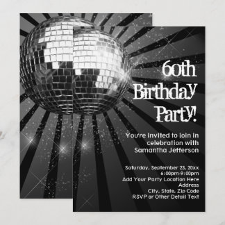 60th Birthday Party Black Sparkle Disco Ball Einladung