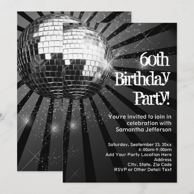 60th Birthday Party Black Sparkle Disco Ball Einladung (Vorne/Hinten)