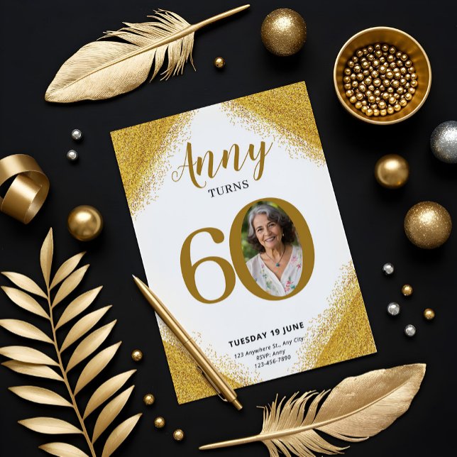 60th Birthday Party Elegant Gold Glitter  Einladung (60th Birthday Party Elegant Gold Glitter Invitation, Womens 60th Birthday)