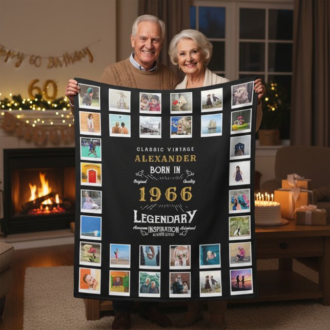 60th Birthday Photo Collage Father Grandfather Fleecedecke (1996 fleece blanket held by an elderly couple in a room.)