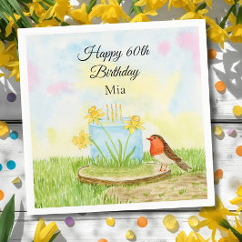 60th Birthday Robin with Daffodil Cake Serviette