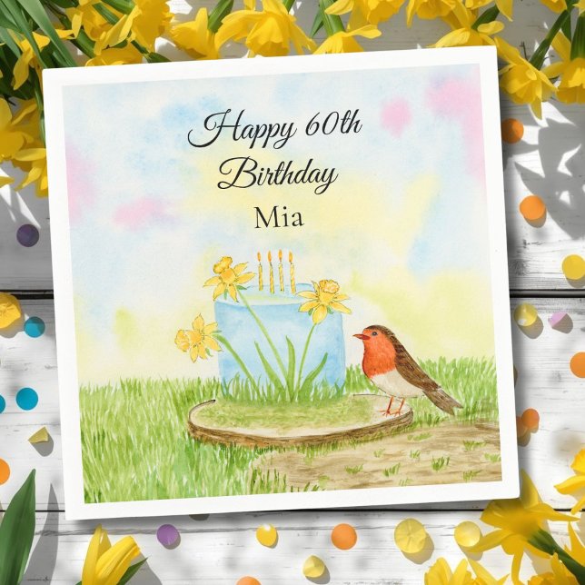 60th Birthday Robin with Daffodil Cake Serviette (Von Creator hochgeladen)