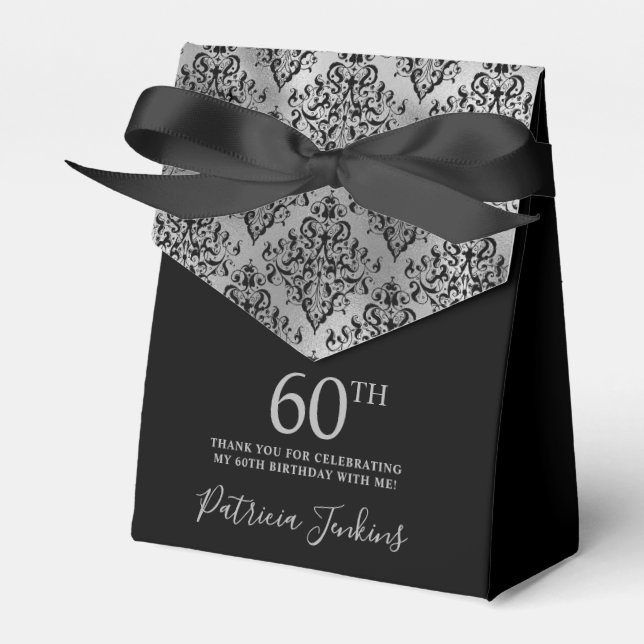 60th Birthday Silver Damask Thank You Geschenkschachtel (Vorderseite)