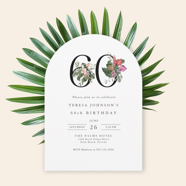 60th Birthday Simple Elegant Tropical Floral Einladung (Available in both printed and instant download digital formats.)