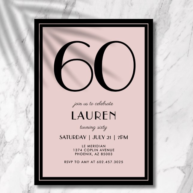 60th Birthday Women's Modern Minimal Black Pink Einladung (Modern black and pink birthday style—minimalist typography for a timeless 60th.)