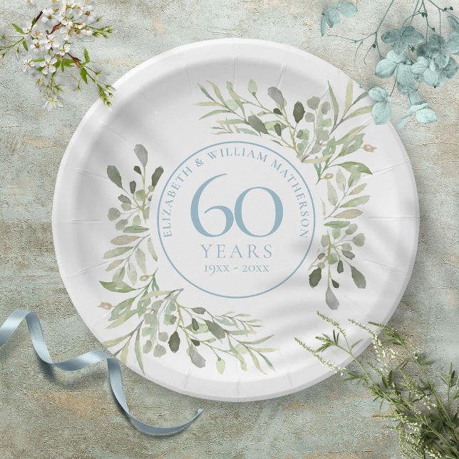 60th Diamond Wedding Jubiläumsgrün Pappteller (60th Diamond Wedding Anniversary Greenery Paper Plates)
