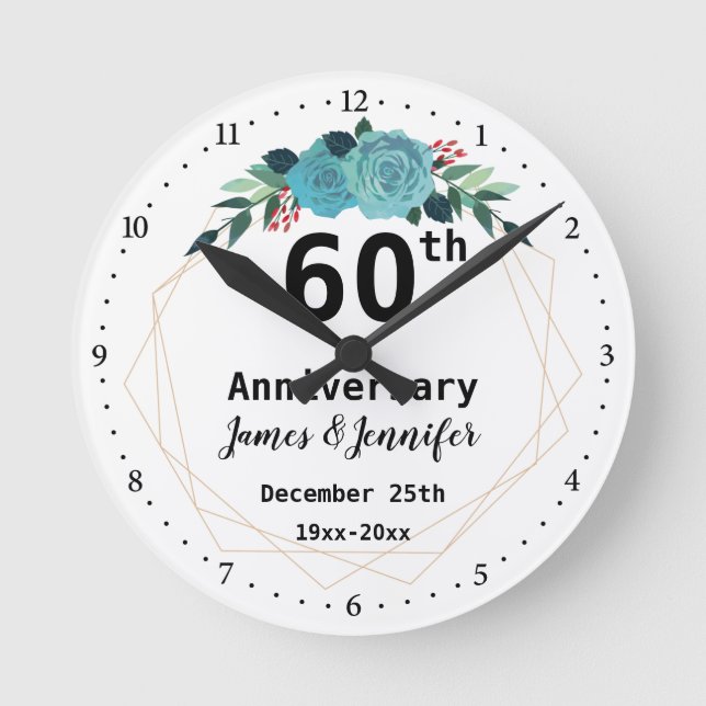 60th Wedding Anniversary Custom Names and Year Runde Wanduhr (Vorderseite)