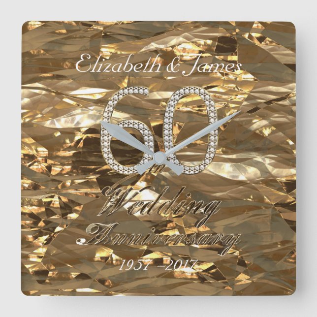 60th Wedding Anniversary Diamond Wedding Eltern Quadratische Wanduhr (Vorderseite)