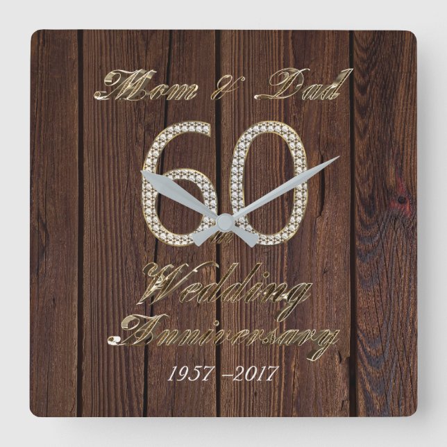 60th Wedding Anniversary Diamond Wedding Eltern Quadratische Wanduhr (Vorderseite)