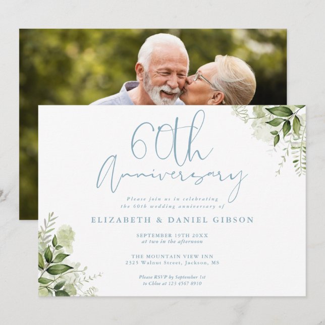 60th Wedding Anniversary Greenery Floral Photo Einladung (Vorne/Hinten)