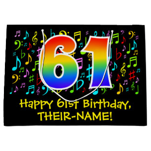 61. Geburtstag - Farbige Musiksymbole, Regenbogen  Große Geschenktüte
