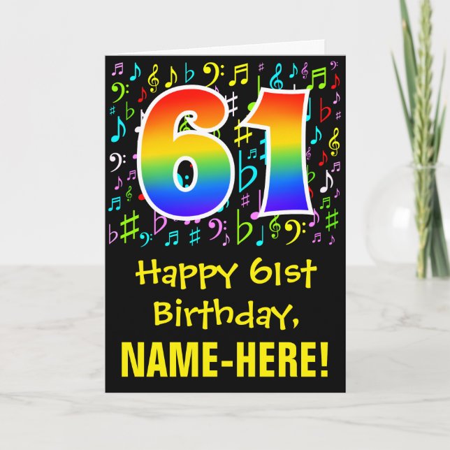 61. Geburtstag: Farbige Musiksymbole + Regenbogen  Karte (Vorderseite)