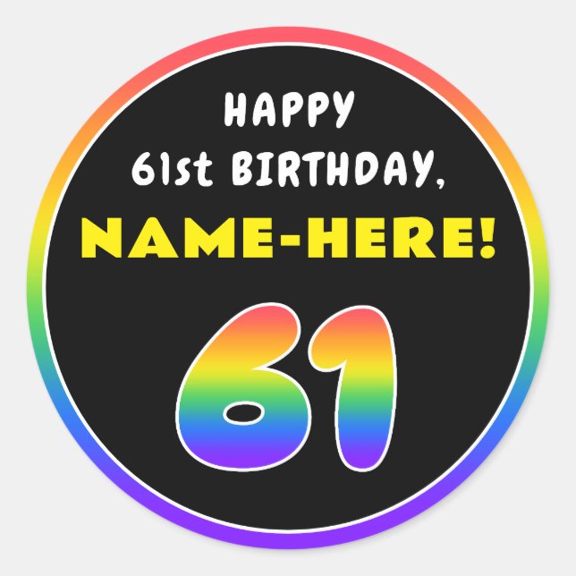 61. Geburtstag: Farbiger Regenbogen # 61, Individu Runder Aufkleber (Vorderseite)