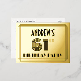 61. Geburtstagsparty ~ Art-Deco-Stil "61" + Name Folie Einladungspostkarte