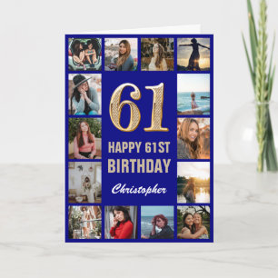 61. Happy Birthday Navy Blue & Gold Foto Collage Karte