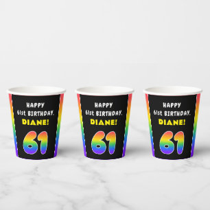 61st Birthday: Colorful Rainbow # 61, Custom Name Pappbecher