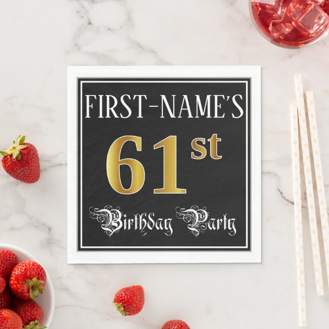 61st Birthday Party — Fancy Script, Faux Gold Look Serviette (Beispiel)