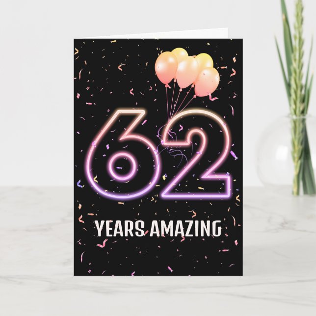 62. Geburtstag Ballons und Confetti Karte (Vorderseite)