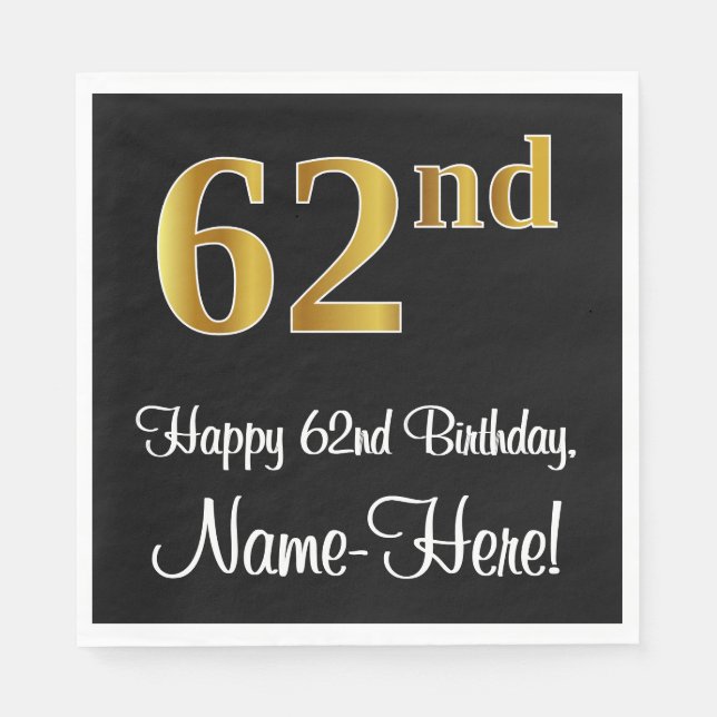 62. Geburtstag ~ Elegante Luxuriöse Imitate Gold L Serviette (Vorderseite)