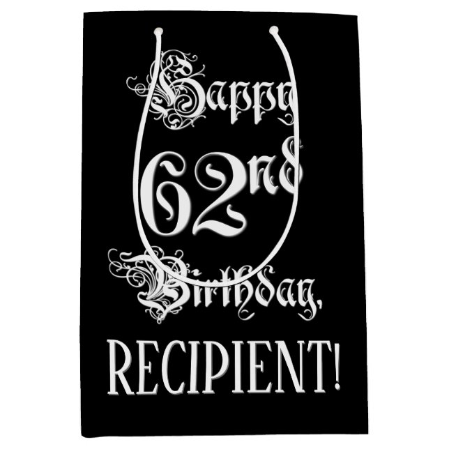 62. Geburtstag: Extravagant, Elegantes Script + In Mittlere Geschenktüte (Vorderseite)