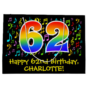 62. Geburtstag - Farbige Musiksymbole, Regenbogen  Große Geschenktüte