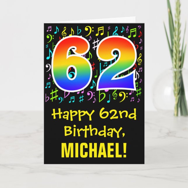 62. Geburtstag: Farbige Musiksymbole + Regenbogen  Karte (Vorderseite)