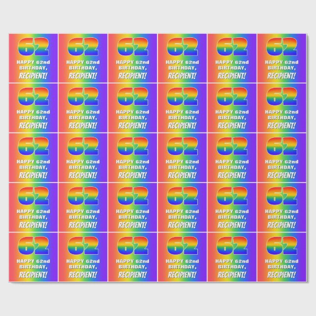 62. Geburtstag: Farbiges, lustiges Regenbogenmuste Geschenkpapier (Flach)