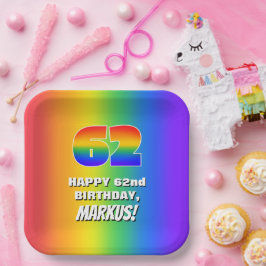 62. Geburtstag: Farbiges, lustiges Regenbogenmuste Pappteller