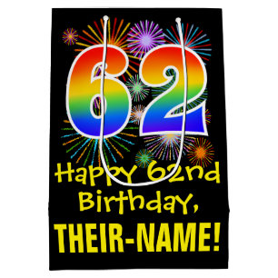 62. Geburtstag: Fun Fireworks Pattern + Rainbow 62 Mittlere Geschenktüte
