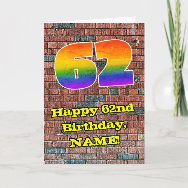 62. Geburtstag: Fun Graffiti-Inspiriert Regenbogen Karte (Vorderseite)