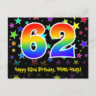 62. Geburtstag: Lustiges Sterne-Muster, Regenbogen Postkarte