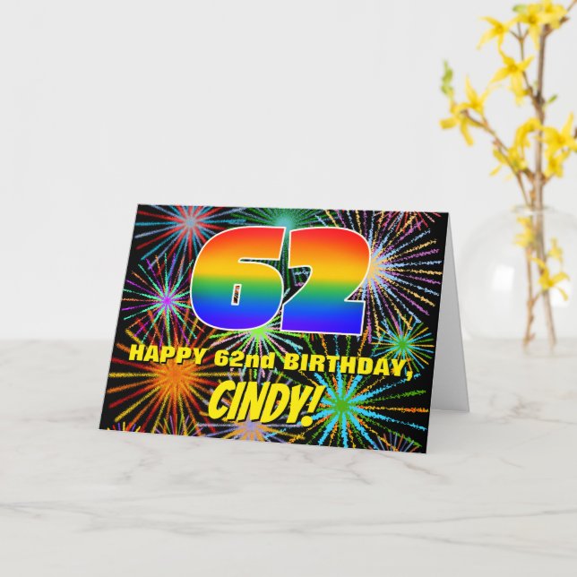62. Geburtstag: Spaß, bunte feierliche Feuerwerke Karte (Gelbe Blume)