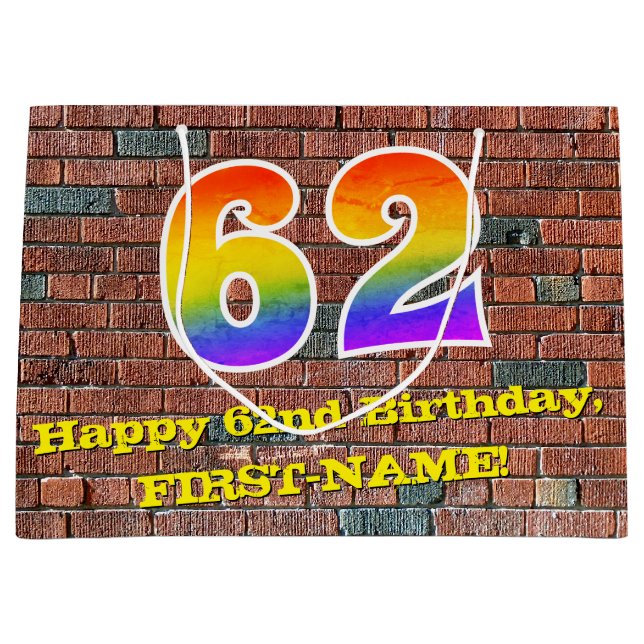 62. Geburtstag: Spaß, Graffiti-Inspiriert Regenbog Große Geschenktüte (Vorderseite)