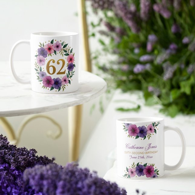 62. Geburtstagsfeier Tasse - Blumenkranz mit Goldn (Von Creator hochgeladen)